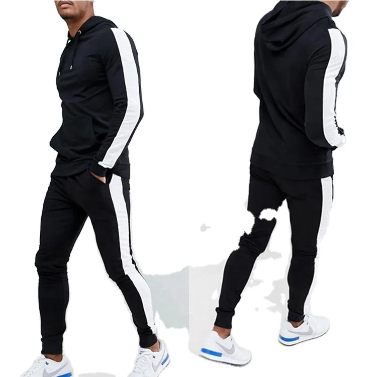 Design Your Own Two Piece Track Suit Men Fitted Black With Side White Stripe Tracksuit with high quality fabric and custom color