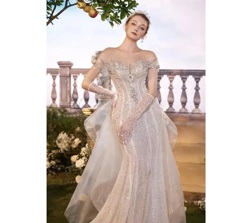 OEM Manufacture High Quality wedding dress wholesale mermaid dress 2 in 1 lace long tail add beading by handmade TNBPno18