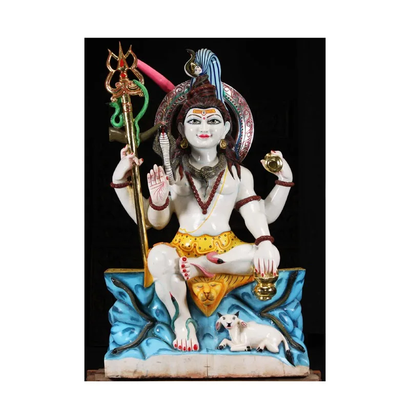 New arrival product Of 2022 Large Painted White Marble Shiva Murti Holding Drum Trident & Pot with Nandi & Cobras From India