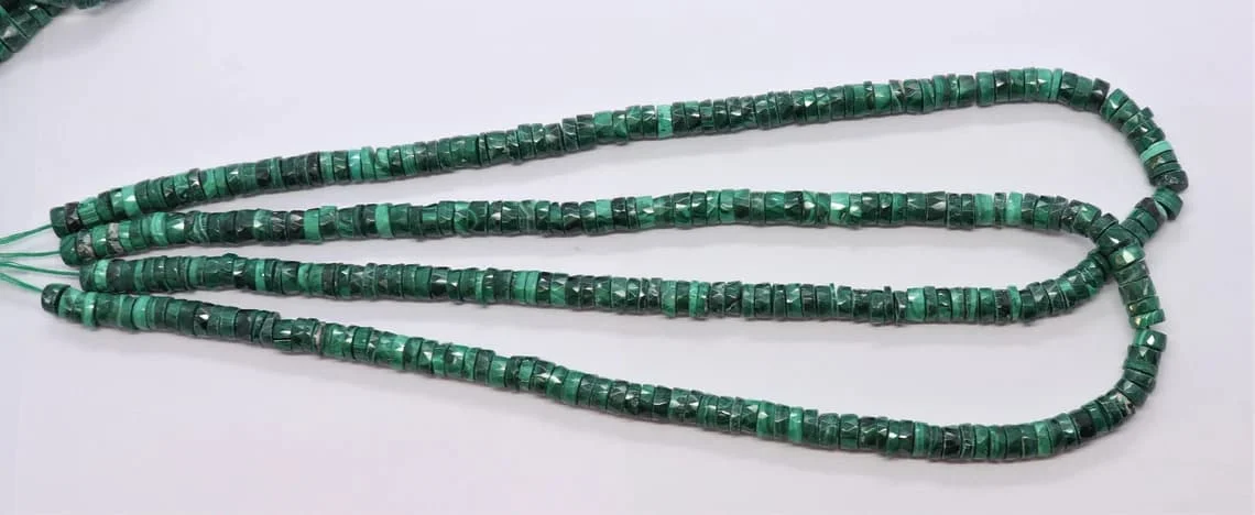 Natural Malachite Faceted Tyre Beads, 6-7 mm Malachite Beads, Malachite Faceted Wheel Beads, Malachite Tyre Shape Heishi Beads
