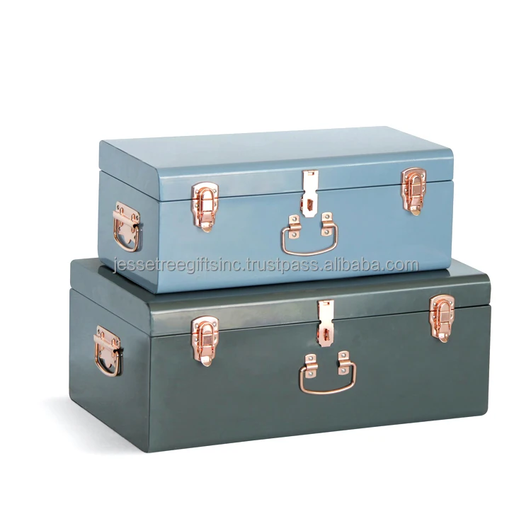 Metal Sheet Home Storage Trunk With Light Green & Gray Powder Coating Finishing With Silver Lock & Handle For Organizer Set Of 2