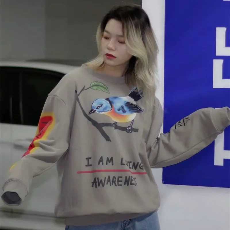 Kanye Kanye graffiti hand-painted skeleton bird round neck sweater ins men and women hip-hop loose top cross-border