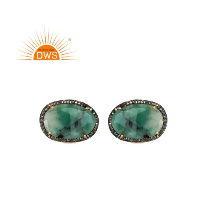 Hot Selling Sterling Silver Natural Diamond And Emerald Gemstone Cuff Link Custom Jewelry Manufacturer