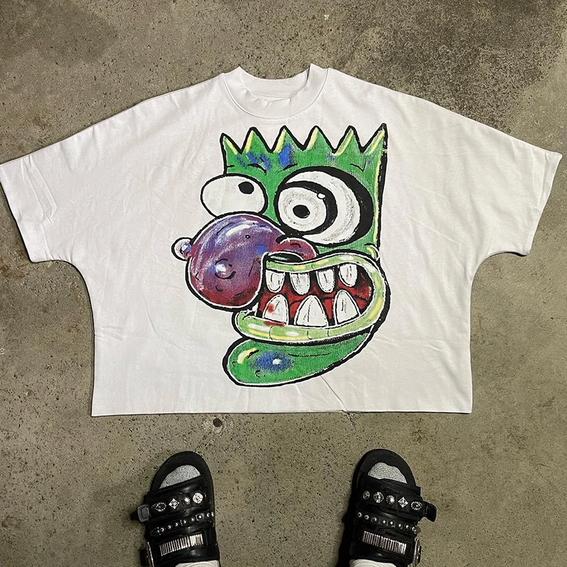 Manufacturer oversized Boxy Drop Shoulder cartoon pictures T-shirt Custom Heavyweight Distressed Cropped Boxy Fit T-shirt