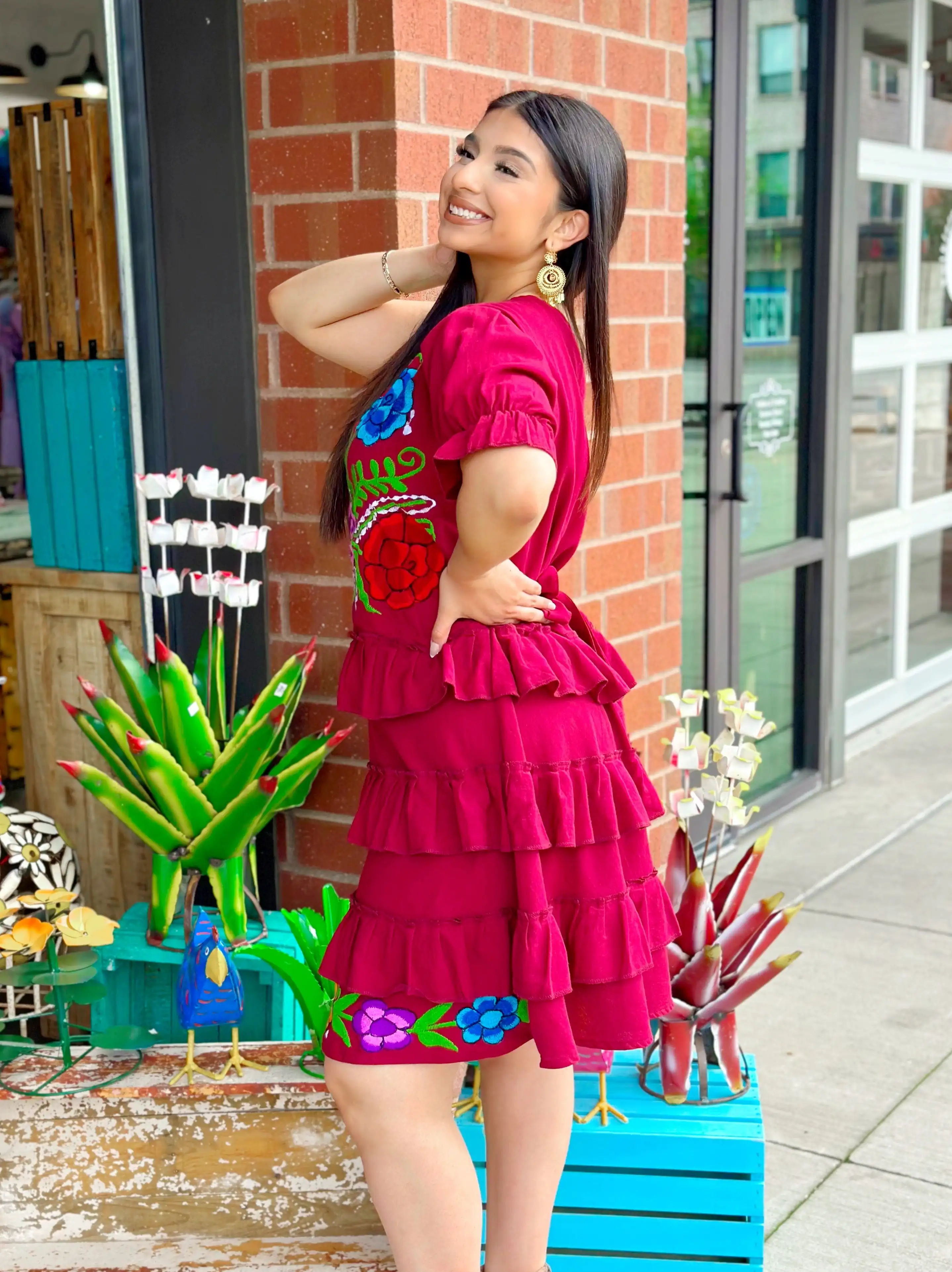 Luxurious Floral Mexican Embroidered Work Boho Lady Resort Evening Red Gown Bohemian Style Mexican One Shoulder Short Dresses