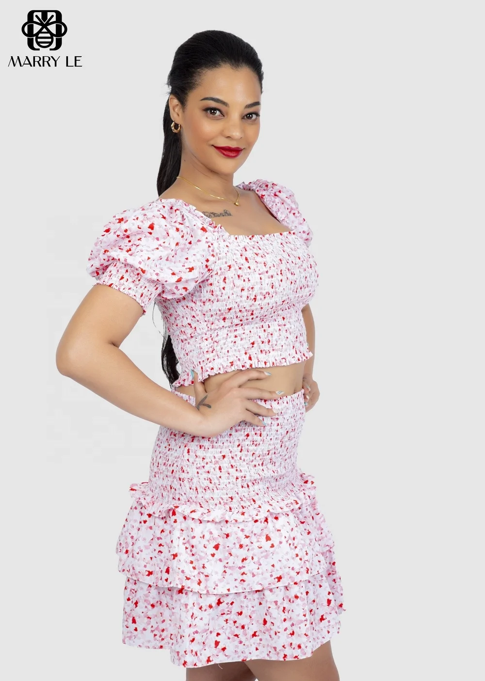 WOMEN CASUAL TIERED SMOCKED PINK TOP AND SKIRT SET - MD246 high quality top & skirt set true to size best price