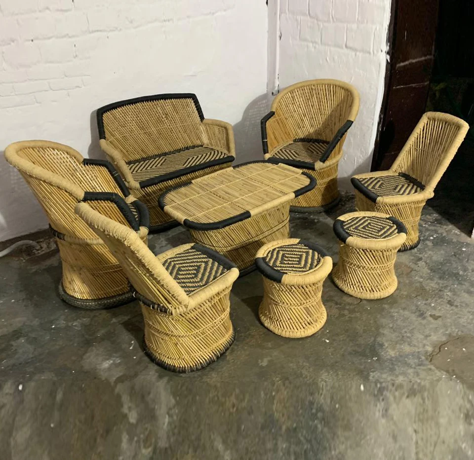 Hot Sale Bamboo handmade Furniture Set of 8 Including Xl size Chairs Table  Stools for living rooms, Hotels Resorts Use