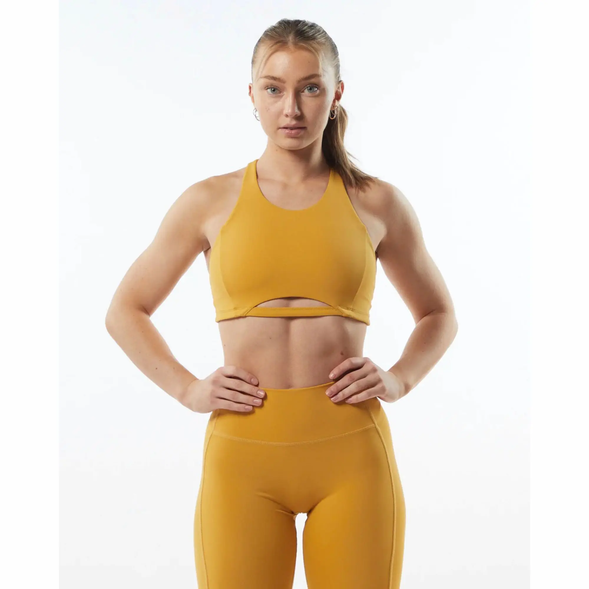 78%Nylon 22%Elastane High Neck Style Fit Back Bindingless Hem Women Medium-Support One Piece Breathable Exotic Yellow Sports Bra