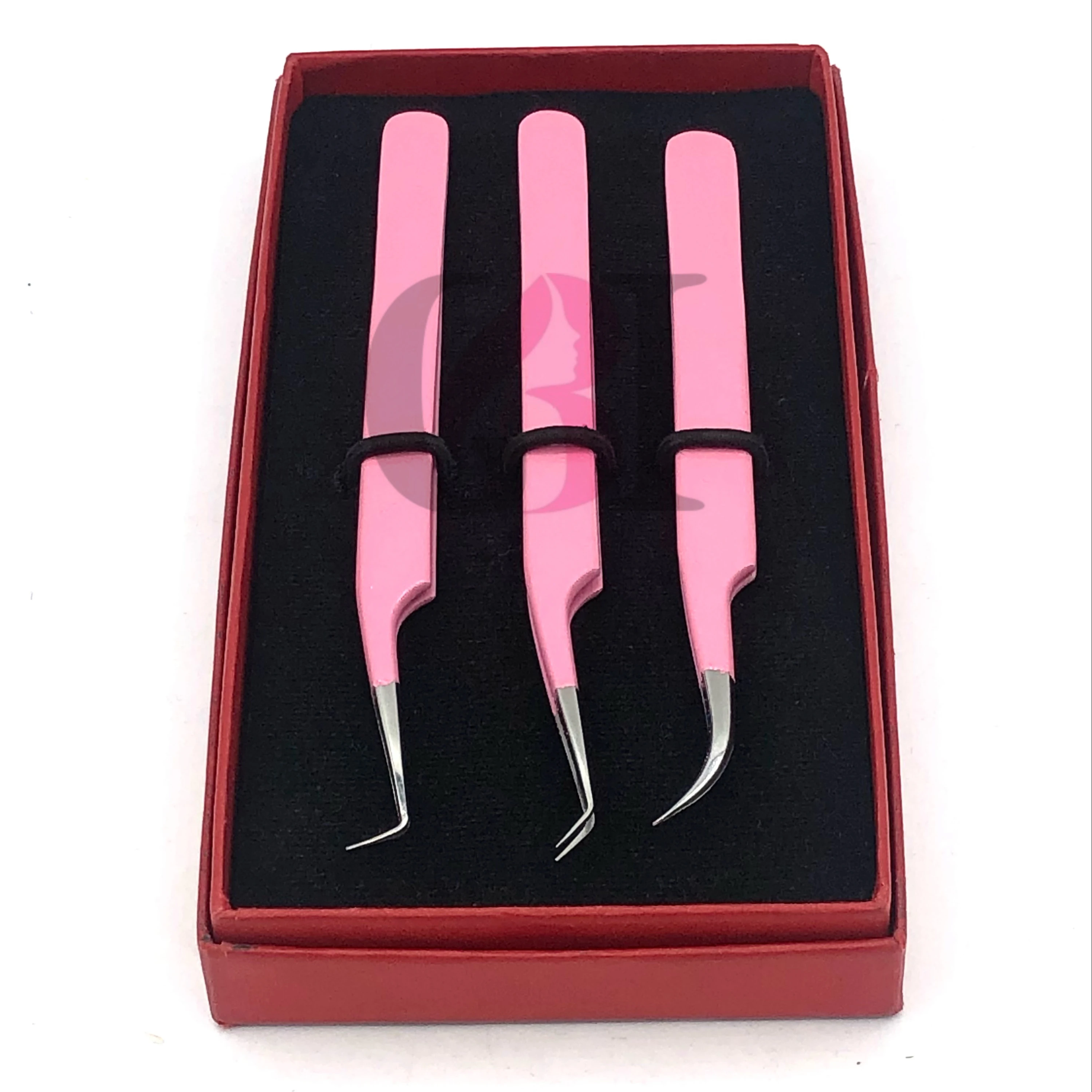 Best Eyelash Tweezers Set 90 Degree 45 Degree & Curved Light Pink Powder Coating Silver Tip Japanese Stainless Steel Beauty Tool