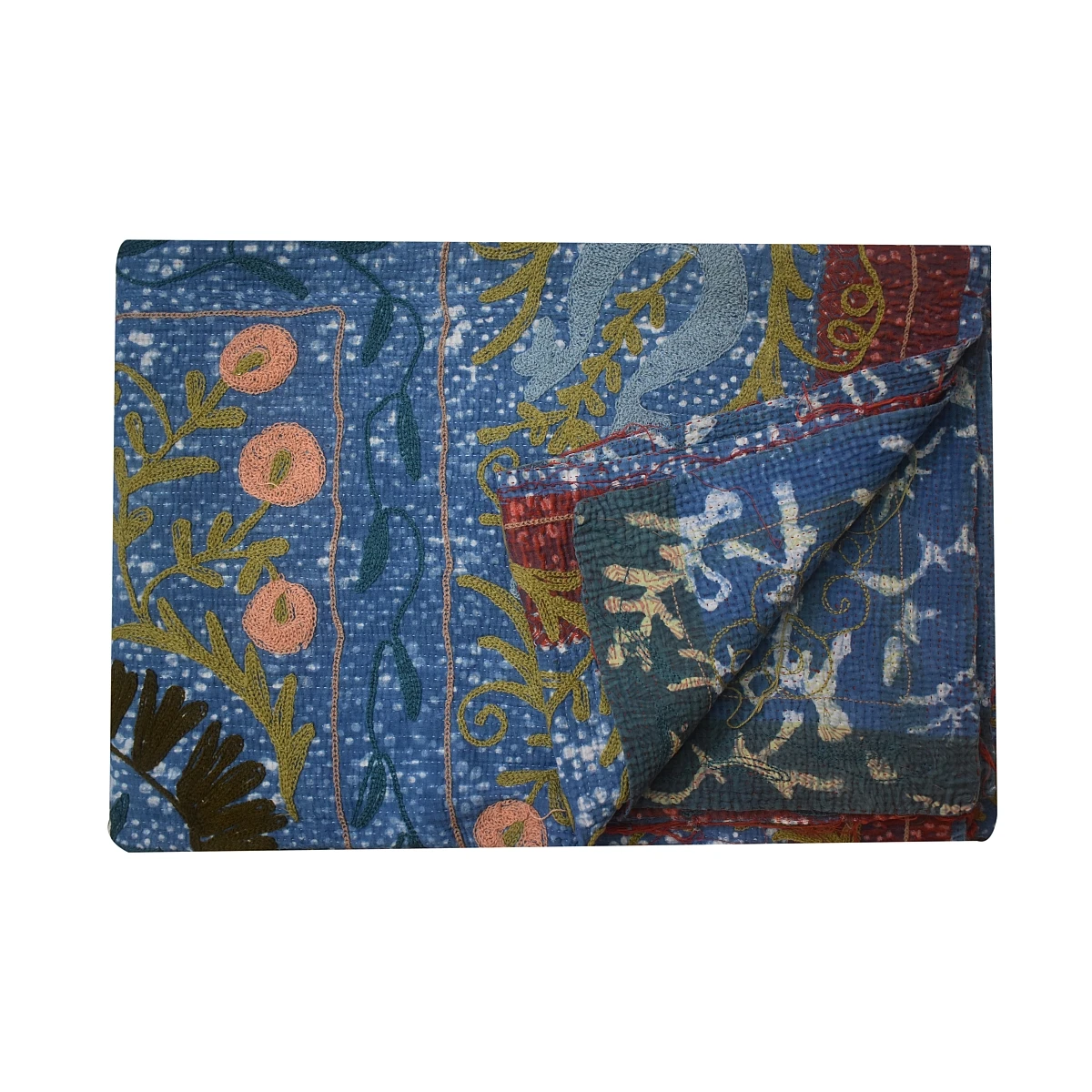Best sale Indian twin size Indigo print Suzani embroidery reversible one of kind vintage sari kantha quilt, throw and blanket