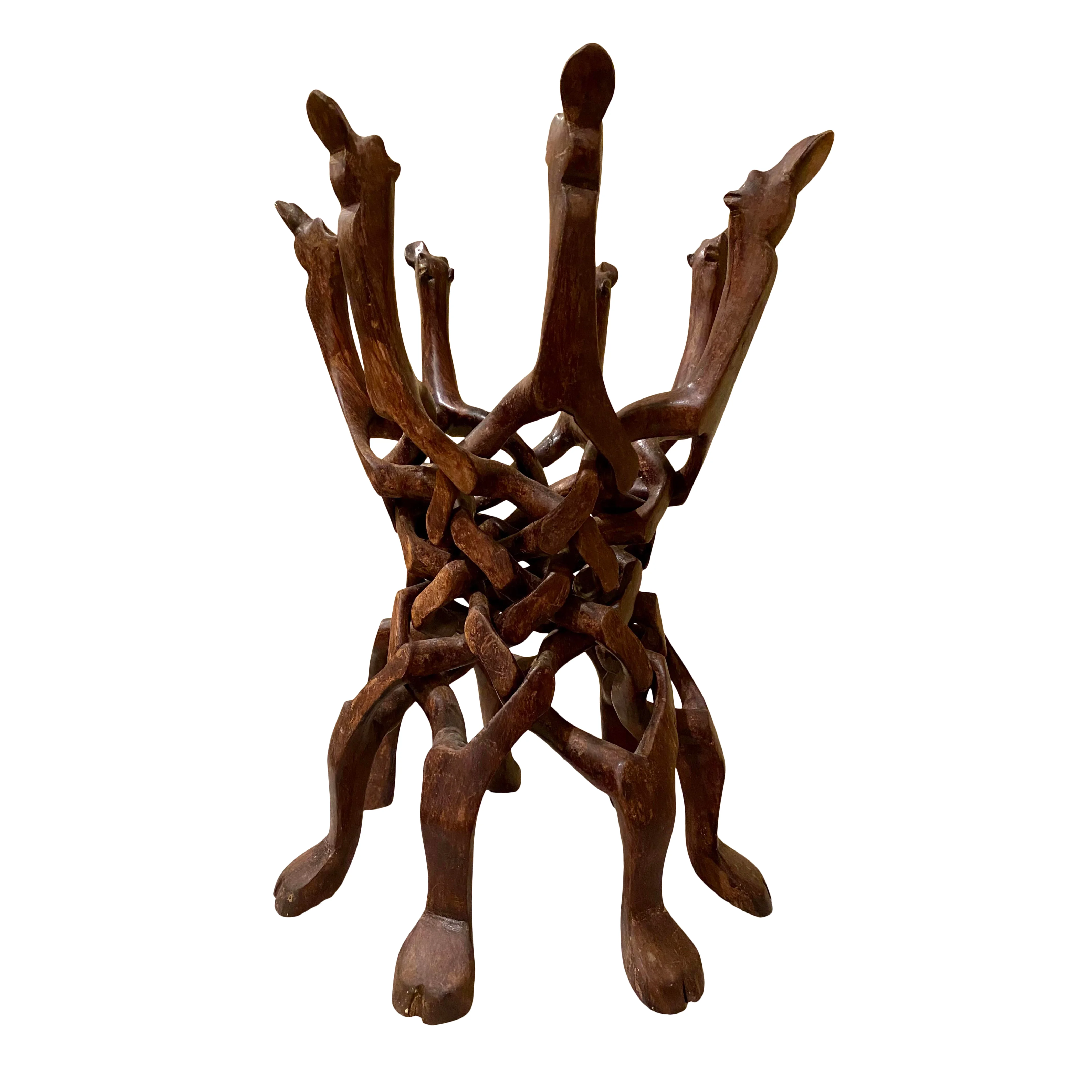 Hand Carved Wood Interlocking Leg Camel Bowl Stand, Vintage Hand Carved Beautiful Wood Camel Stand