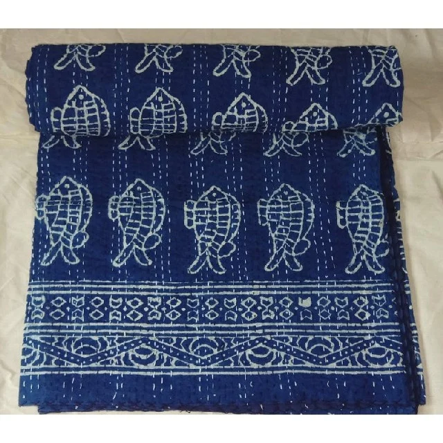 Hand Block Print Indigo Blue Kantha Bed Cover Reversible Bedding Bedspread Twin Size Vintage Cotton Quilt Set
