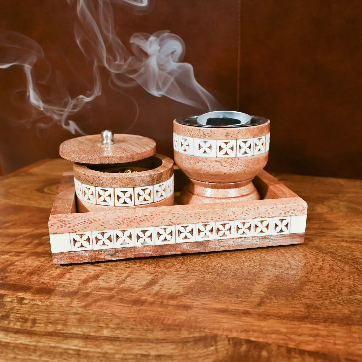 Unique Candle Jar Premium Quality Wood and Mother of Pearl Mubkhar Set Bone Inlay Box Burner Incense Bakhoor Gifts