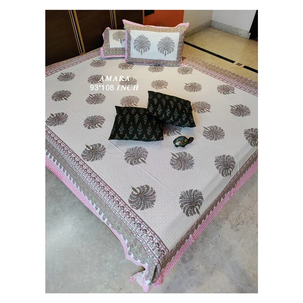 AMBS048 Latest Premium Collection  Amara & Masakali 93x108 With 2 Hand Block Cushion Covers Premium Queen Size Bed Sheets