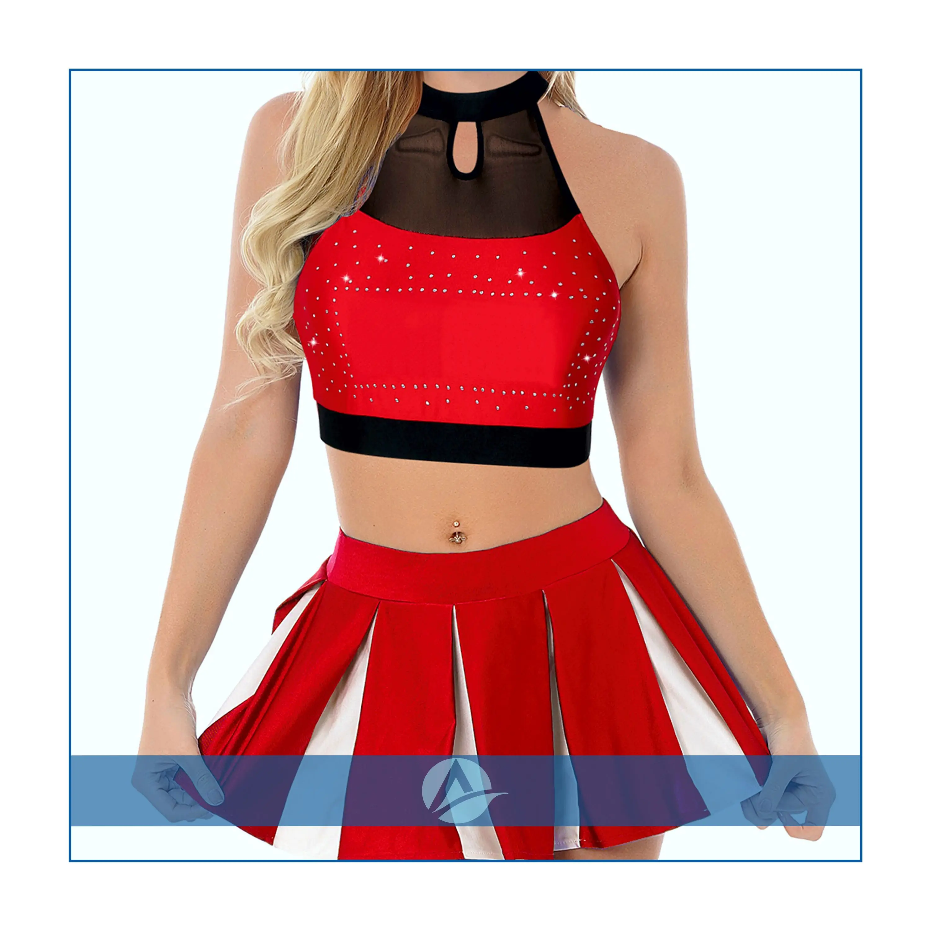 Unique custom sublimated cheerleading uniform round neck with closing button in crises cross top style cheerleading uniform