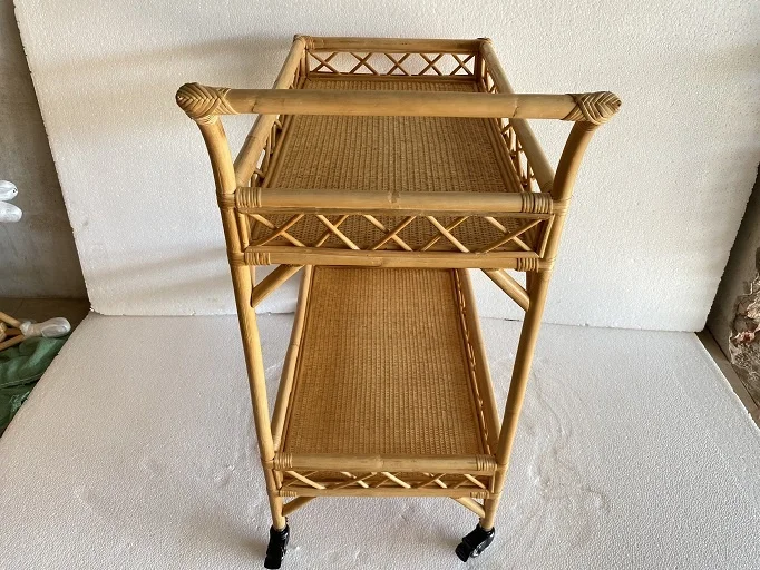 Vintage Bamboo and Rattan Bar Cart Serving Trolley  made in Viet Nam Rattan Petite Bar Cart