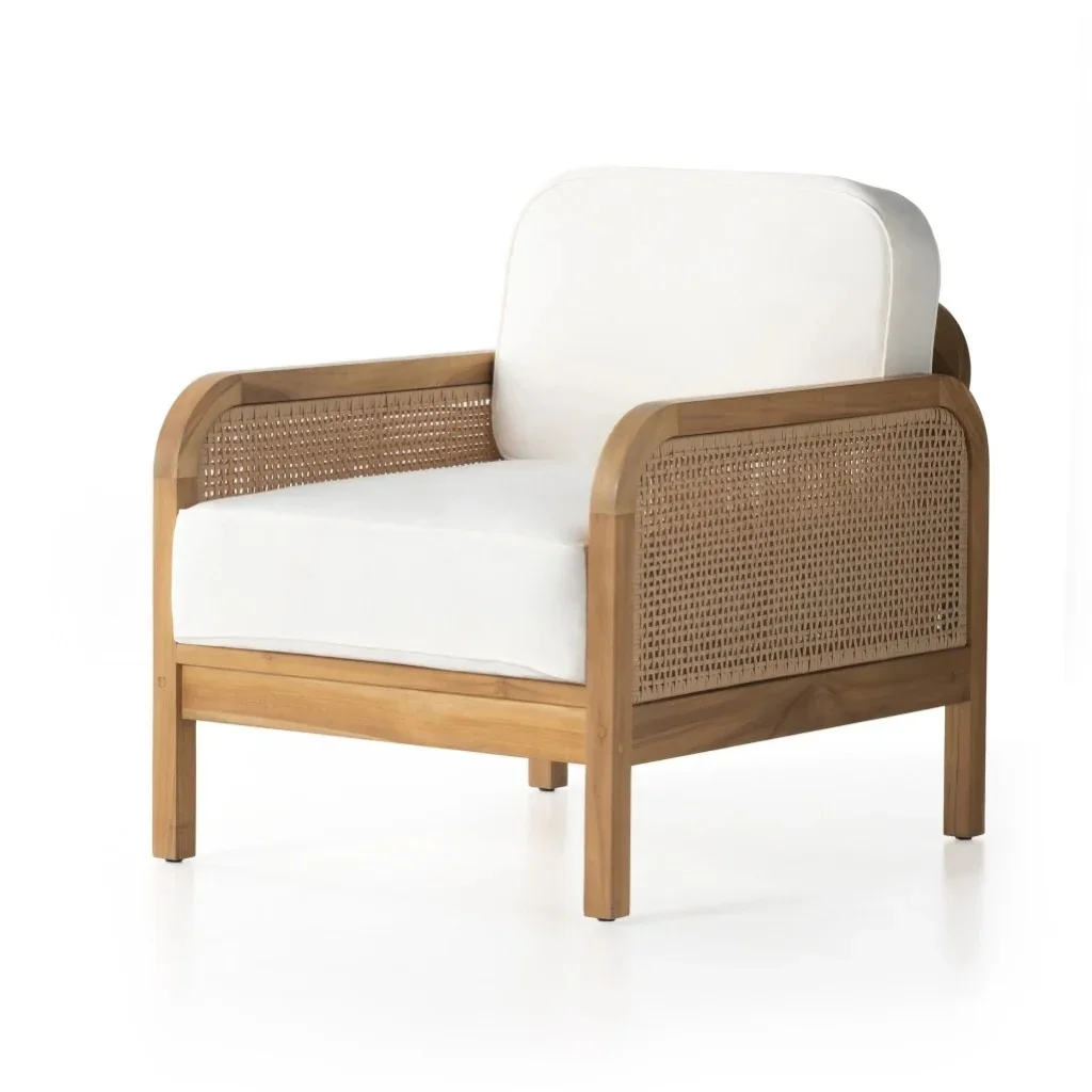 Contemporary Teak Lounge Chair Sofa with Natural Rattan Cane for Garden Outdoor Hotels Patio or Park Living Furniture