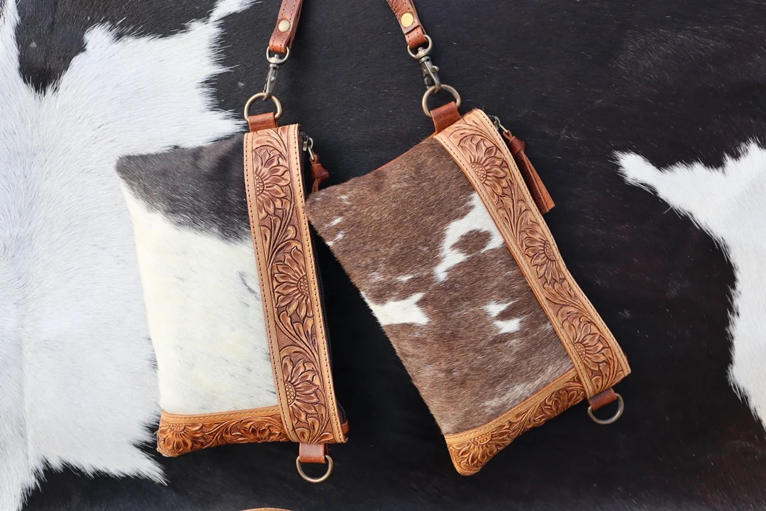 Western Tooled Leather Hair On Purse Women Clutches Genuine Leather Wallet With Hand Carved Design Manufacturer And Wholesaler