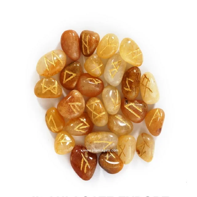 New Arrival Golden Aventurine Rune Set Jilaniagate Agate Crystal Runes Engraved Healing Stone with Free Pouch