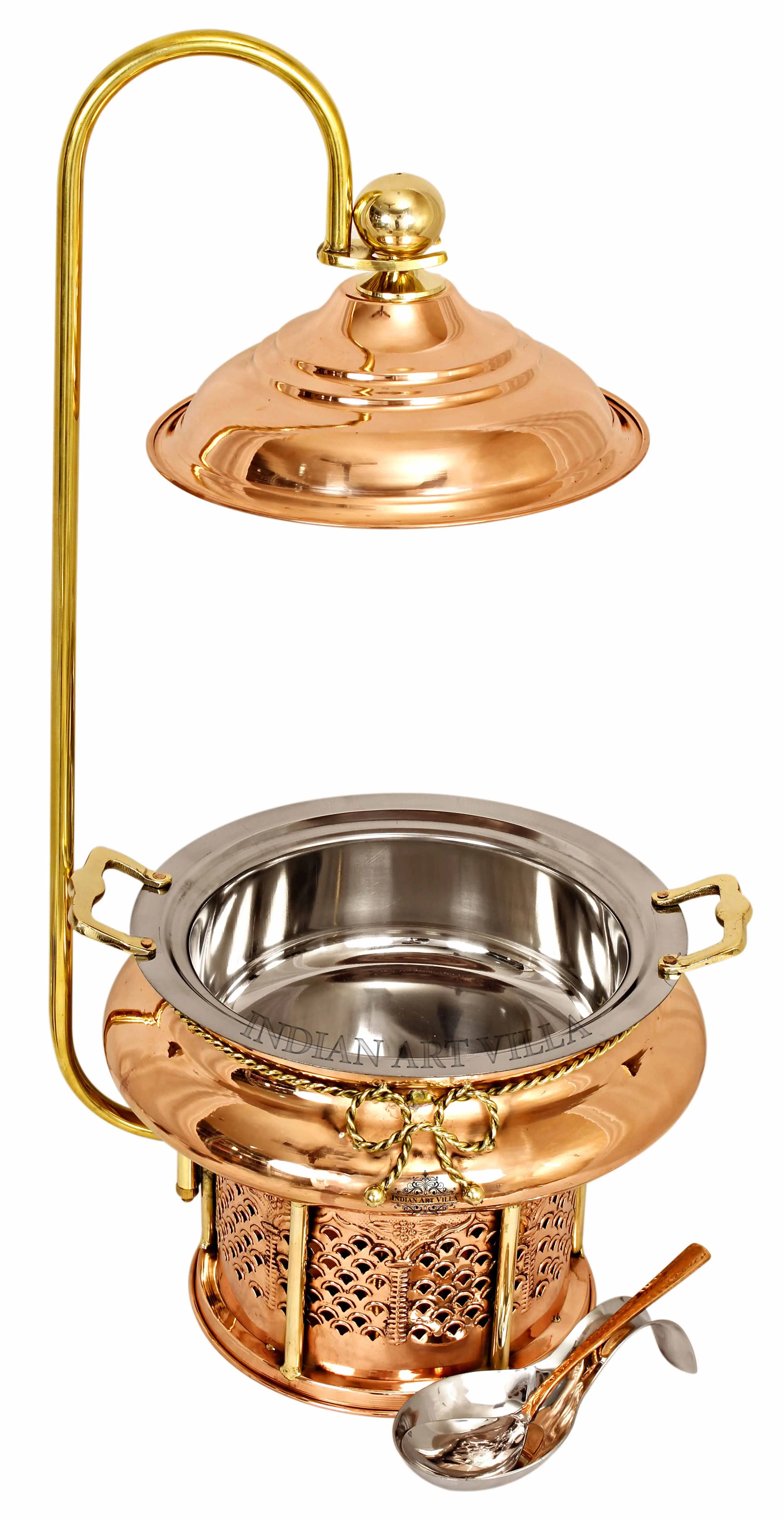 Elegant Steel Copper Chafing Dish with Sigdi Fuel Gel Stand, Handle, Ideal for Buffets