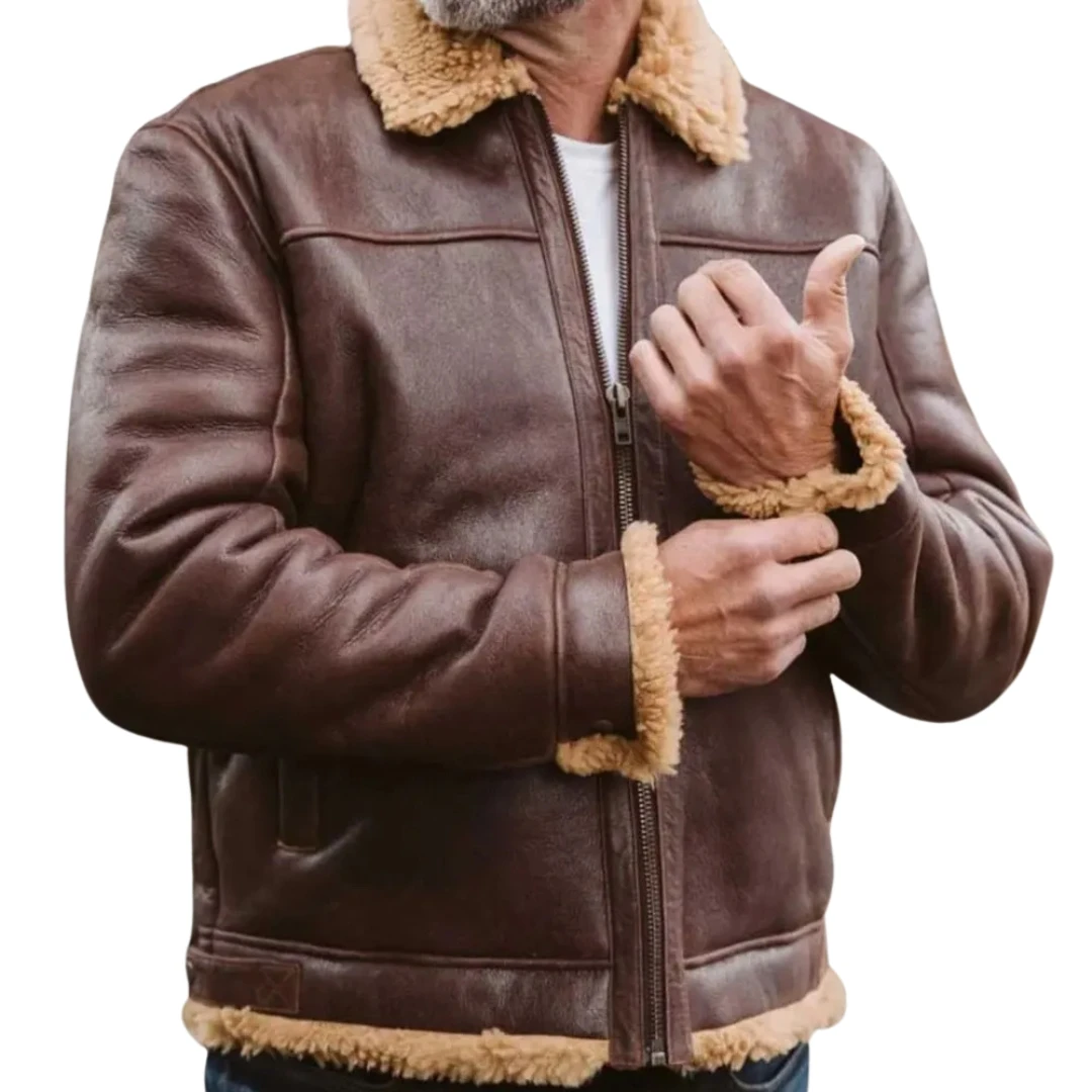 xelent B3 Raf Aviator Brown Bomber Real Shearling Sheepskin Leather Flight Jacket Men