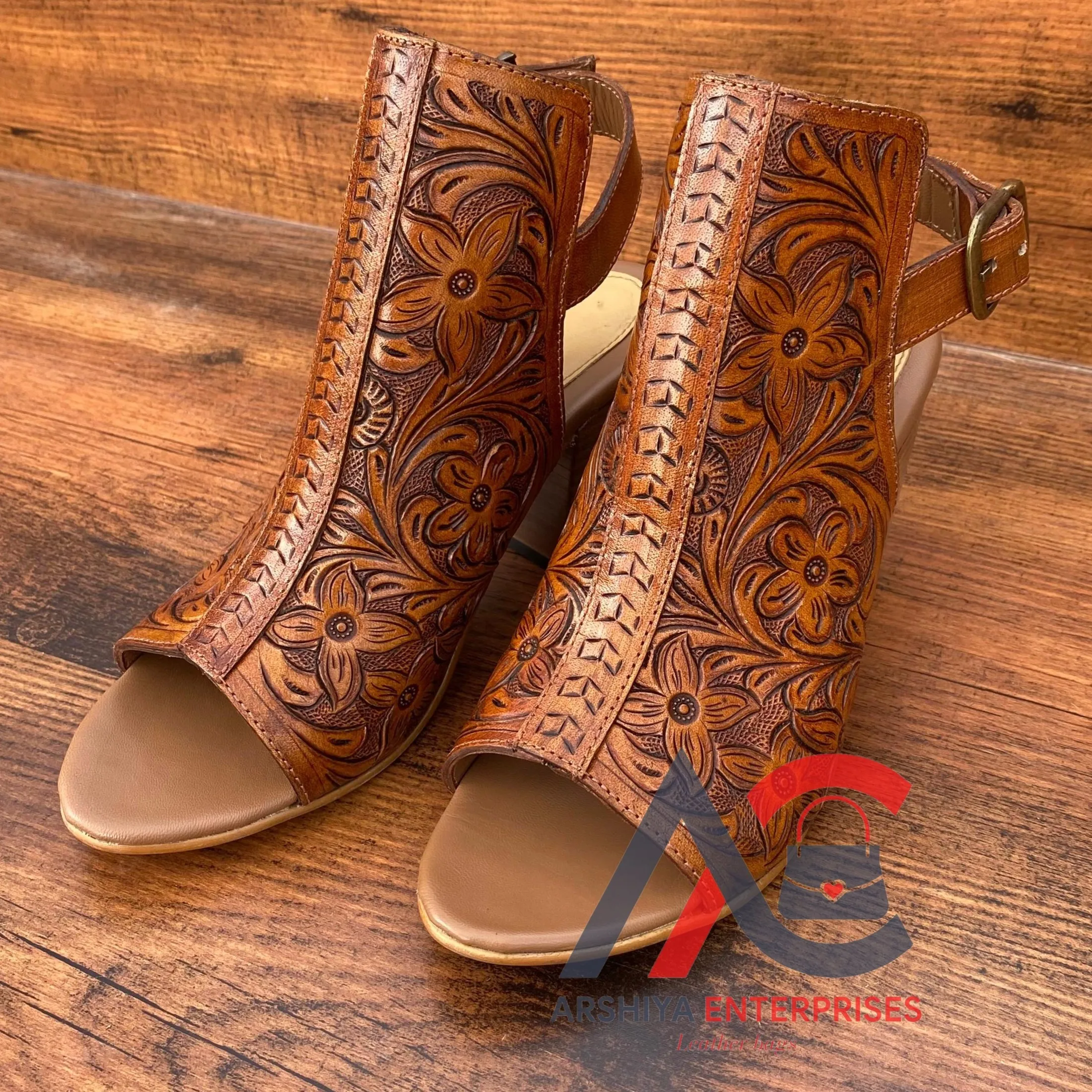 Newest Hand Tooled Leather Heels Sandals Dress Shoes High Heels Western Fashion Women Genuine Leather Wedges Wedding Prom Shoes