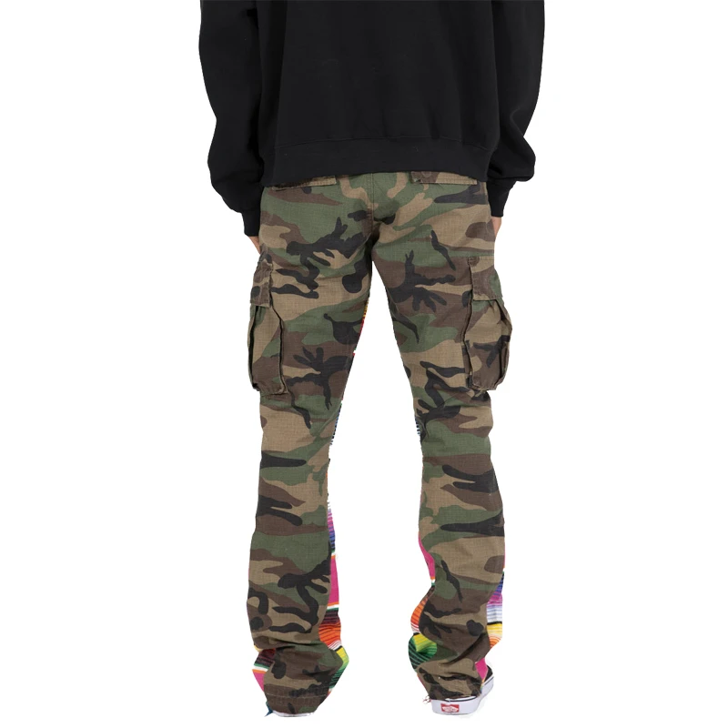 2022 Men Fashionable 100% Cotton Slim Serape Patchwork Boot Cut INS Style Military Camouflage Cargo Pants Flare Sweat Pants Men