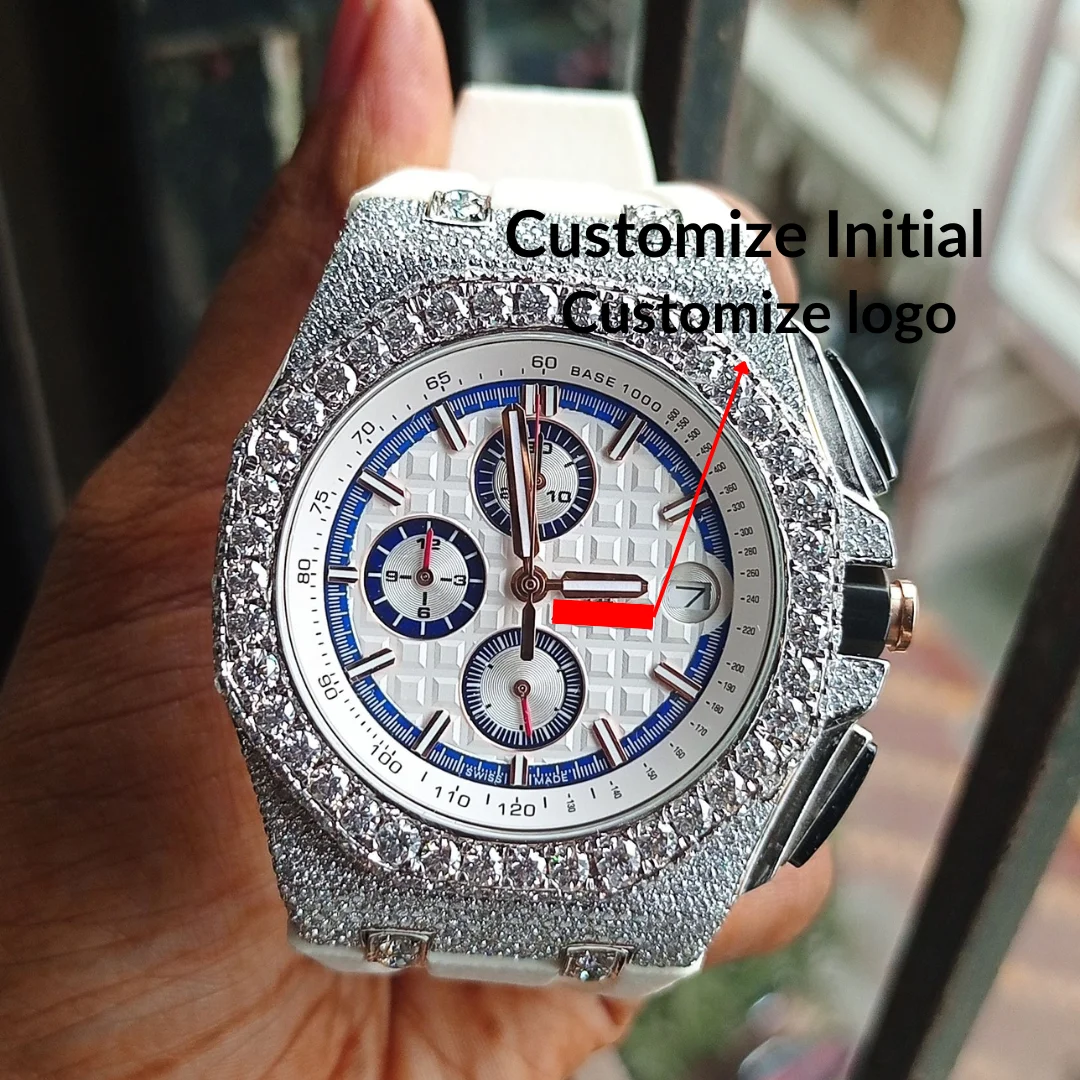 Роскошные алмазные часы с белой полосой роскошные уникальные хронографом для мужчин мужские бриллиантами