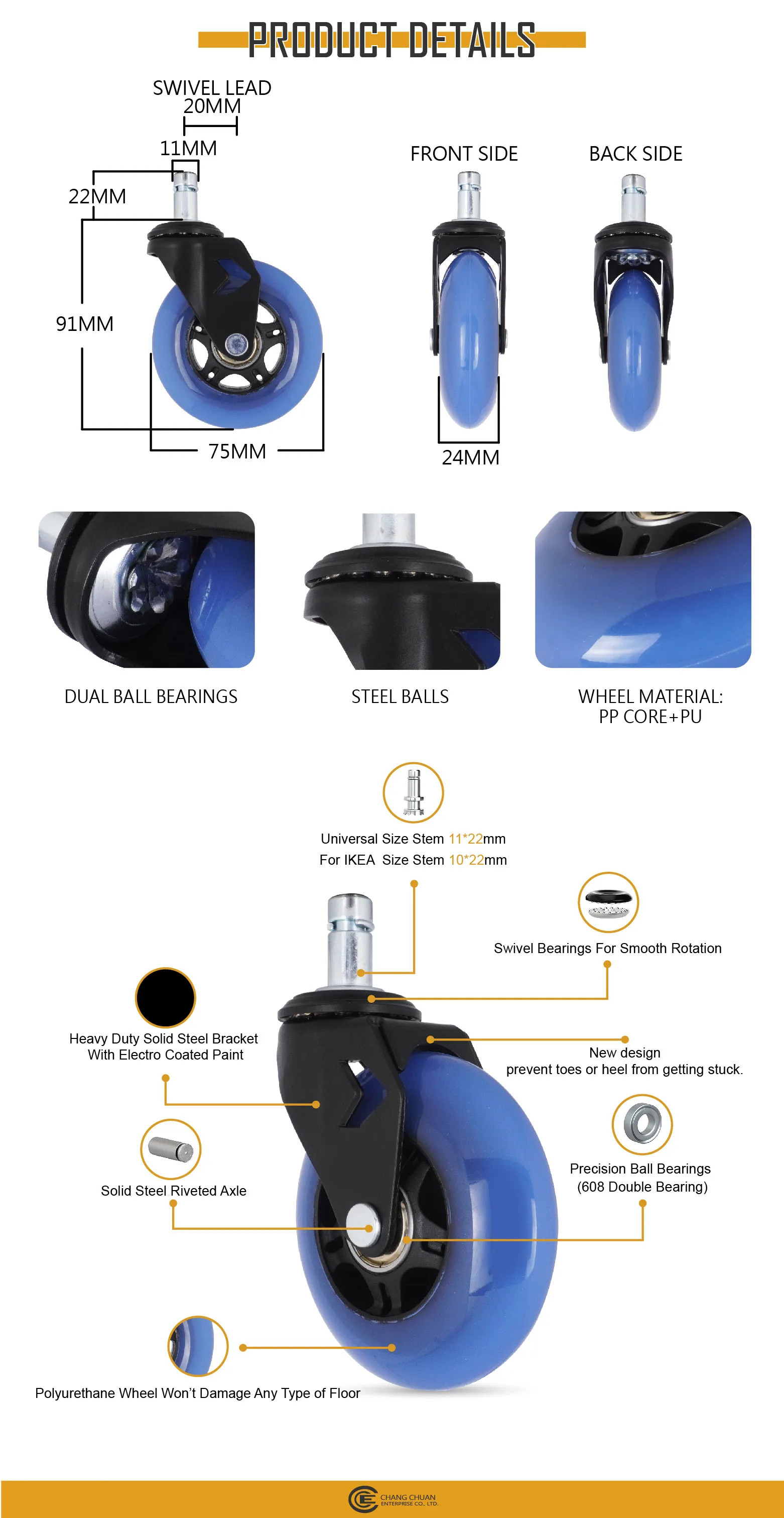 2024 Upgrade 3 Inch Office Chair Gaming Chair Caster With Innovation Design Blue Roller Blade Wheels