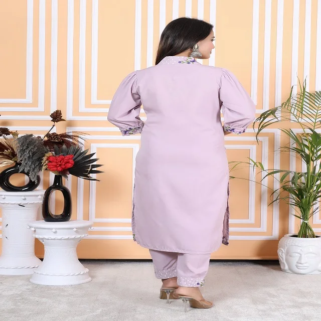 High quality lady tailor lavender machine embroidery polyester co-ord set party wear dress