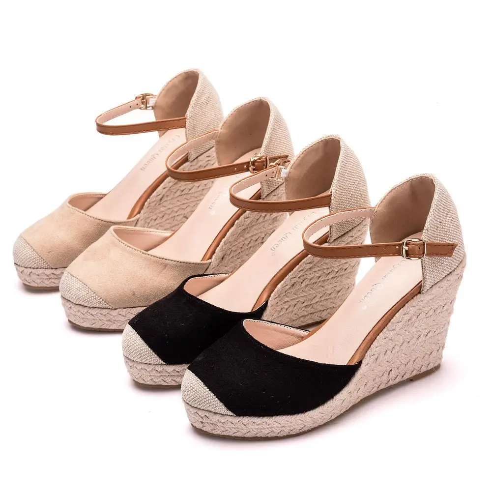 Custom Logo OEM Jute Sole Women Espadrille Shoes Round Toe Ankle Strap Wedge Sandals