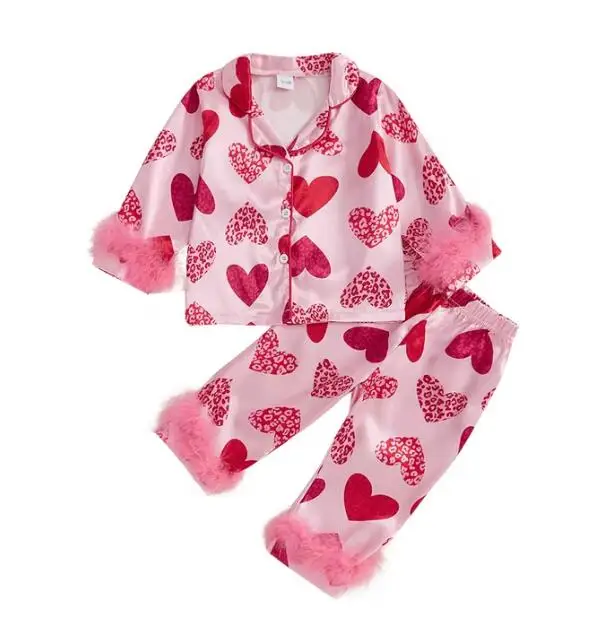 Valentines Day Kids Girls Clothes Sets 2pcs Love Heart Print Long Sleeve Sweatshirt Top+Skirt Outfit Wholesale Spring Clothing
