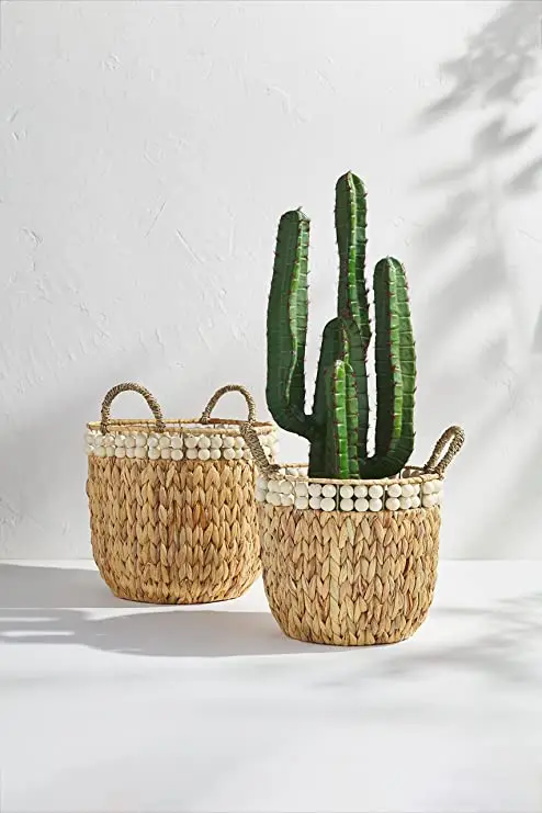 High Quality Water Hyacinth Beaded Storage Basket OEM Designs Customize Boho Storage Basket from HNH Craft Best Price