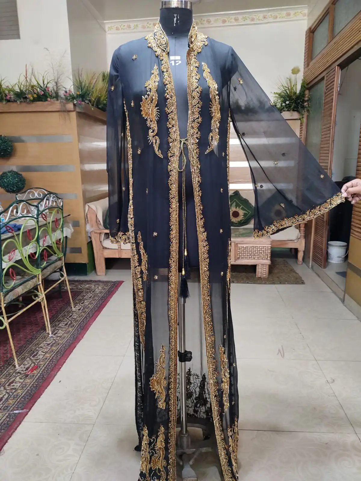 Silver stone Designer V -Neck Beading on Net Long Sleeves Evening dress Sequined Heavy handwork Party wear Dress in good price