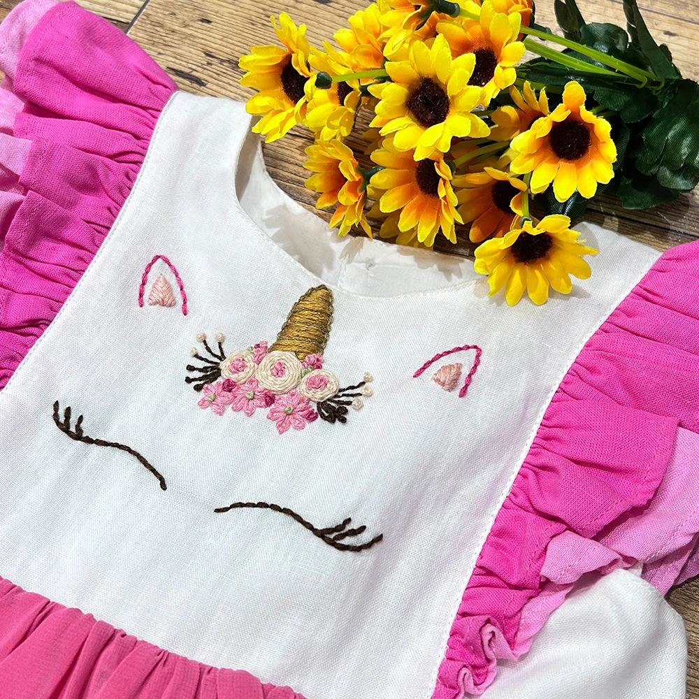 Beautiful girls in hot night pink dress for chiffon dress with unicorn hand embroidery girls dresses