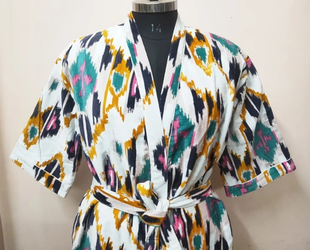 Ikat Print Women Wear bathrobe Velvet Kimono Dress, Indian Long Velvet Bathrobe Kimono, Unisex Velvet Robe Luxurious Bathrobes f