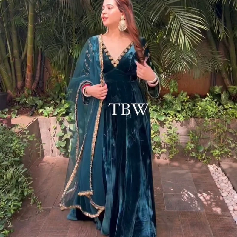 Heavy Velvet Gown Dupatta Green Color Indian Designer Suit With Dupatta for women and Girls Festive Partywear Readymade Dress