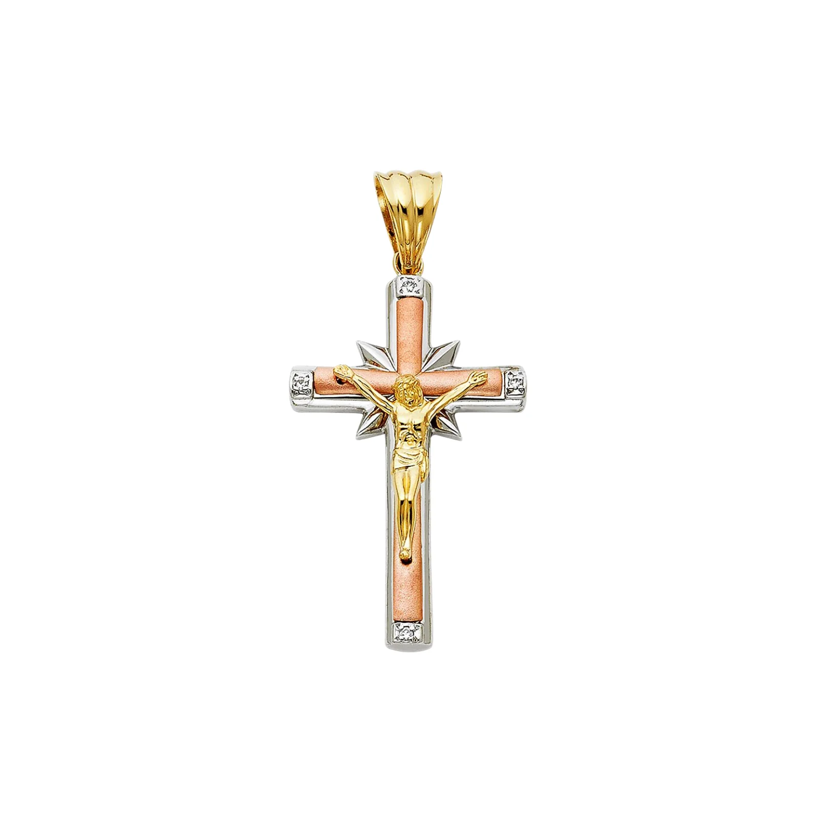 14K Tri Color Gold Plated Star Shaped Crucifix Religious Pendant with CZ Cross Design Catholic Jewelry Accessory