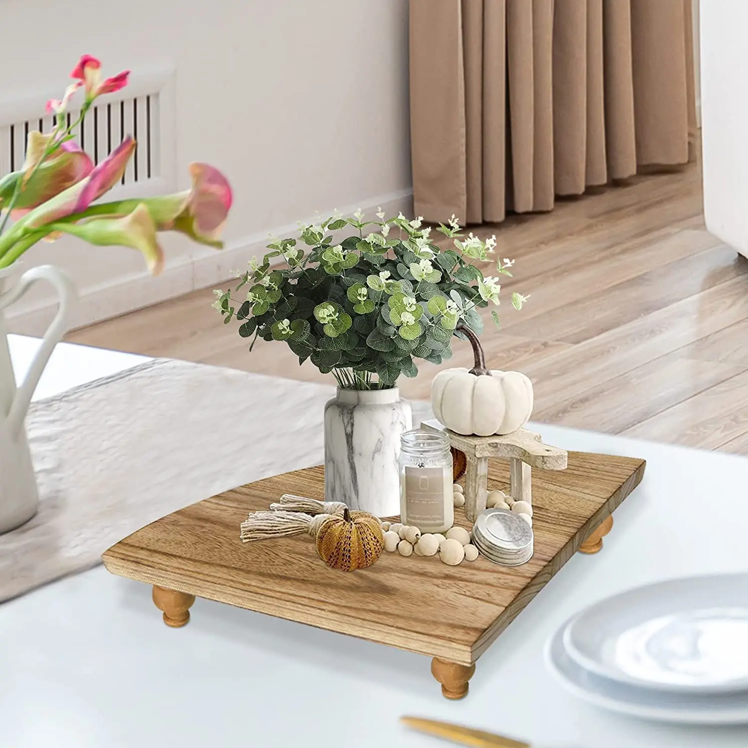 Home Kitchen Wooden Corner Raiser for Household Counter Shelf Rustic Brown Pedestal Stand Farmhouse Corner