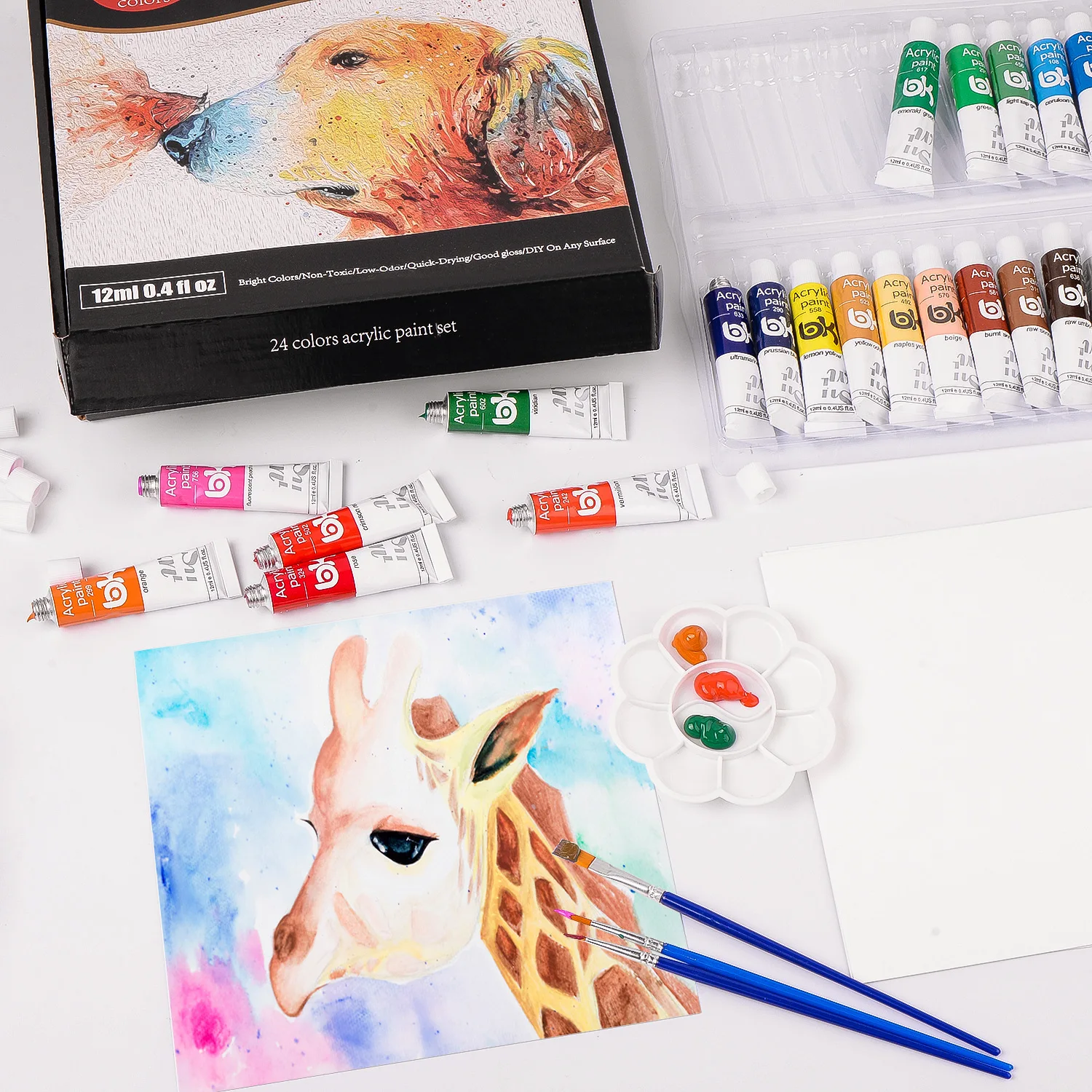 Colorful 12ml Acrylic Painting Kit Paint Supplies Set with 24 Colors,3 Brushes,Art Acrylic Paint Set for Artists Beginners
