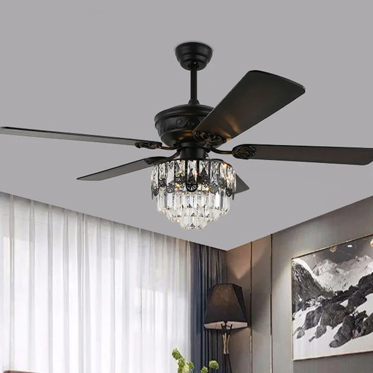 Black 5 Dual Sided Reversible Blades Contemporary Crystal Ceiling Fan Light Color Changing Indoor Silent Chandelier Ceiling Fan