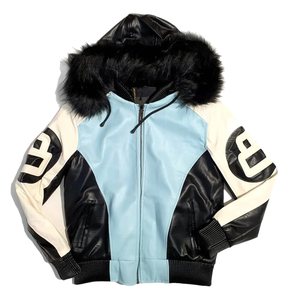 Green And Black And White 8 Ball Bomber Jacket With Fur Hooded Collar Zipper Closure Genuine Lamb Leather Bomber Jacket