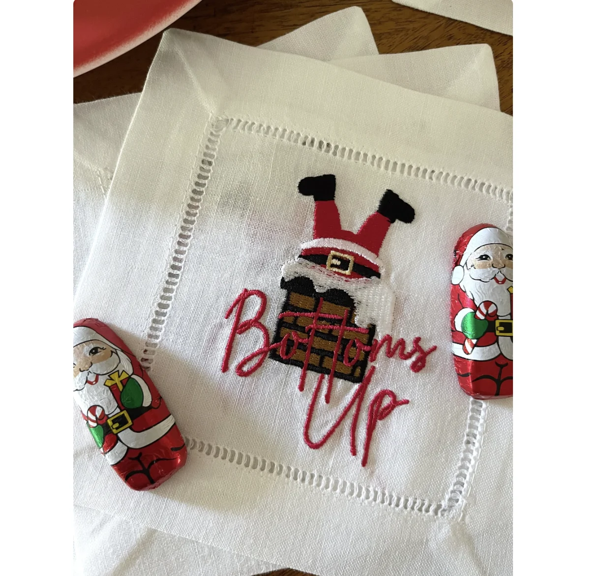 Bottoms up Santa Holiday Cocktail Cloth Napkins Embroidered for Festive Beverages