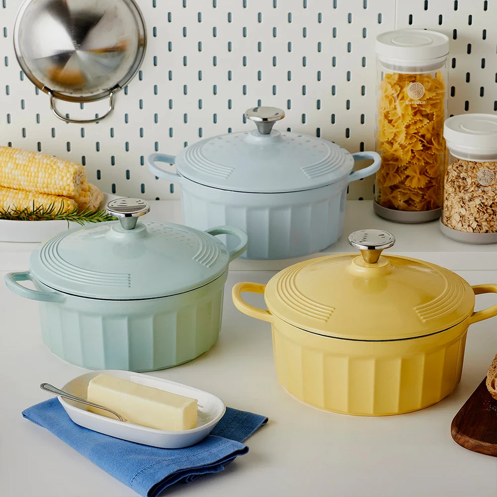 Bright Houseware 2024 New 22cm Non-Stick Dutch Oven Cooking Pot Cute Design Yellow Enamel Cast Iron Stocked Hot Selling Cookware