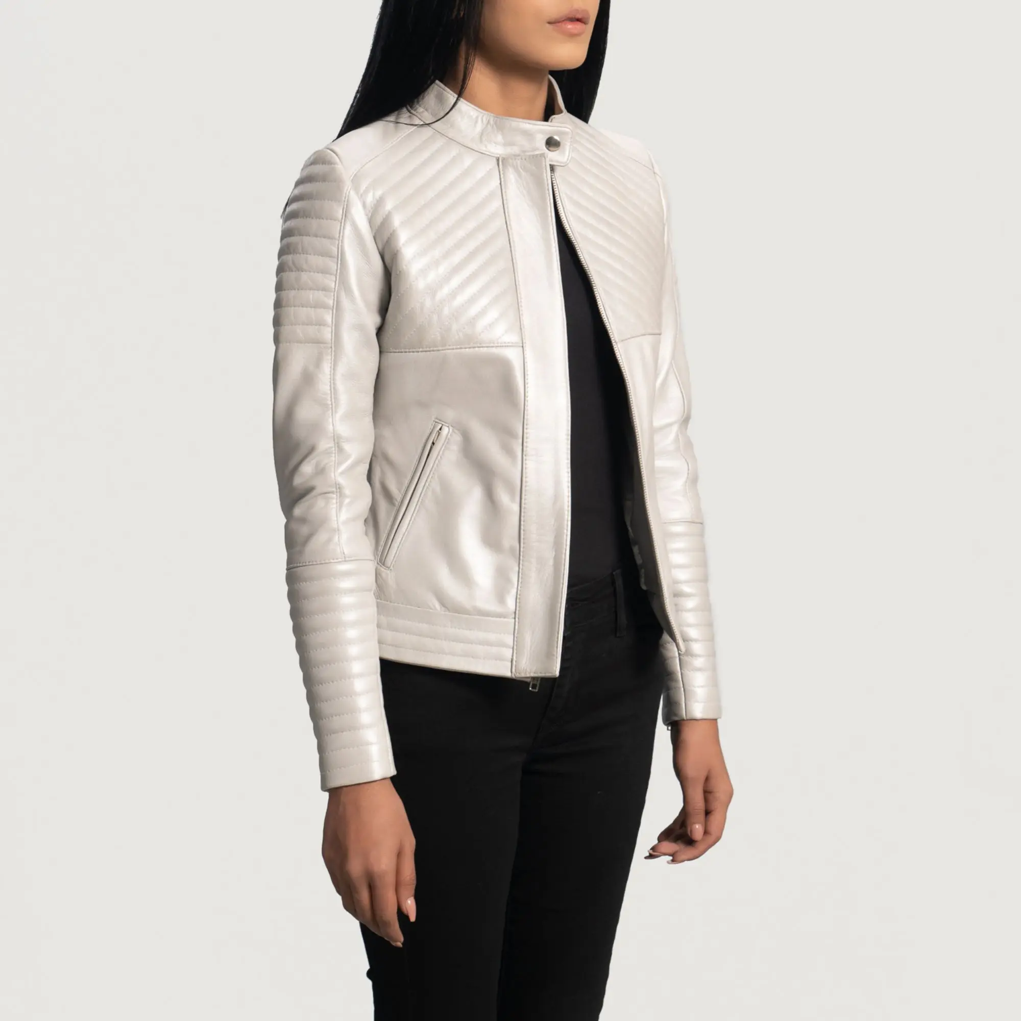 Real Leather Sheepskin Aniline Zipper Ice Maiden Silver Quilted Women Biker Jacket with Quilted Viscose Lining and Inside
