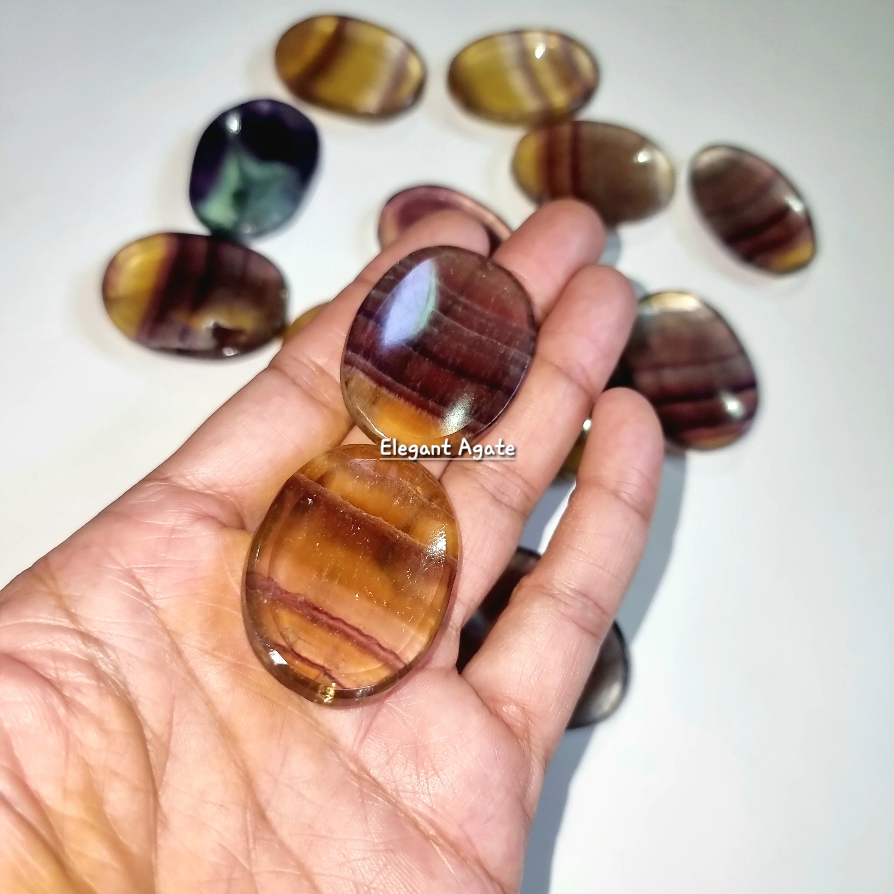 Hot Selling Gemstone Multi Fluorite Worry Stone Polished Yellow Fluorite Thumbs stone  For Reiki Healing & Energy Meditation use