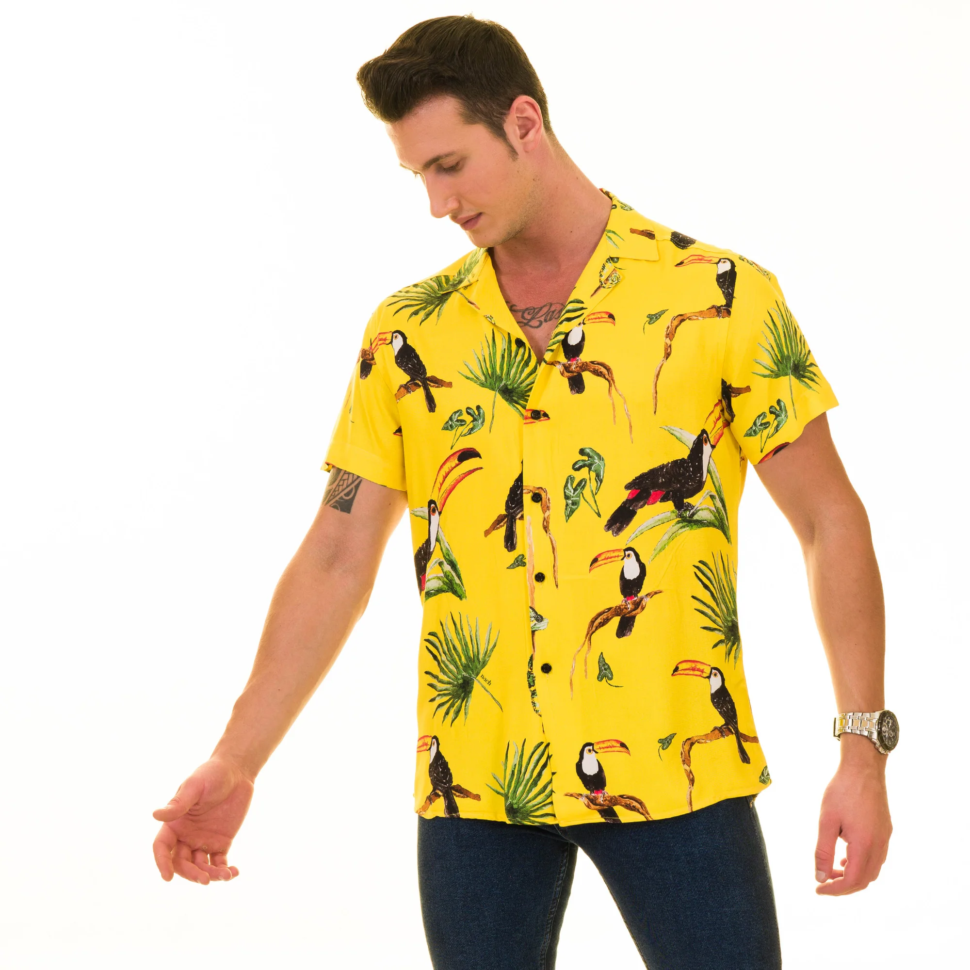 Animal Printed Tropical Top Casual Print Beach Summer Palm Tree Mens Shirt, Short Sleeve Hawaiian Vacation Shirt Men