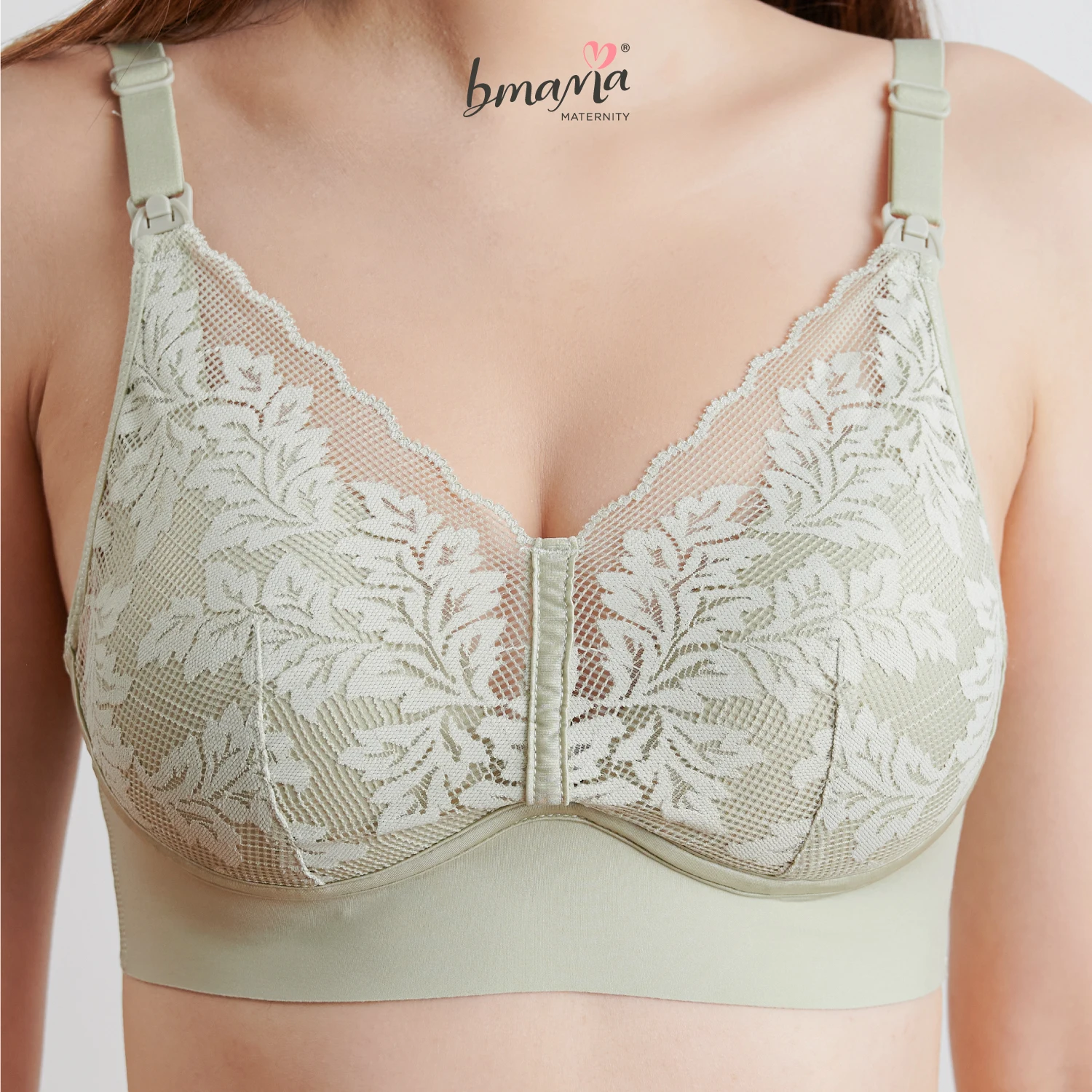 Floral pattern green color adjusted-straps clips durable cotton bra Bmama The Grace High Quality Silk Lace Nursing Bra