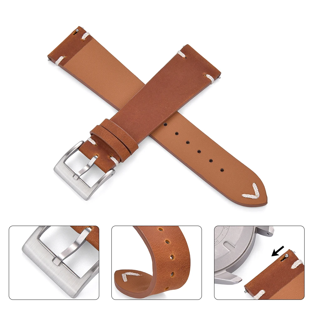 Eraysun Leather Watch Straps Genuine Crazy Horse Black Brown Leather Watch Band 18mm 20mm 22mm Vintage Leather Watch Strap