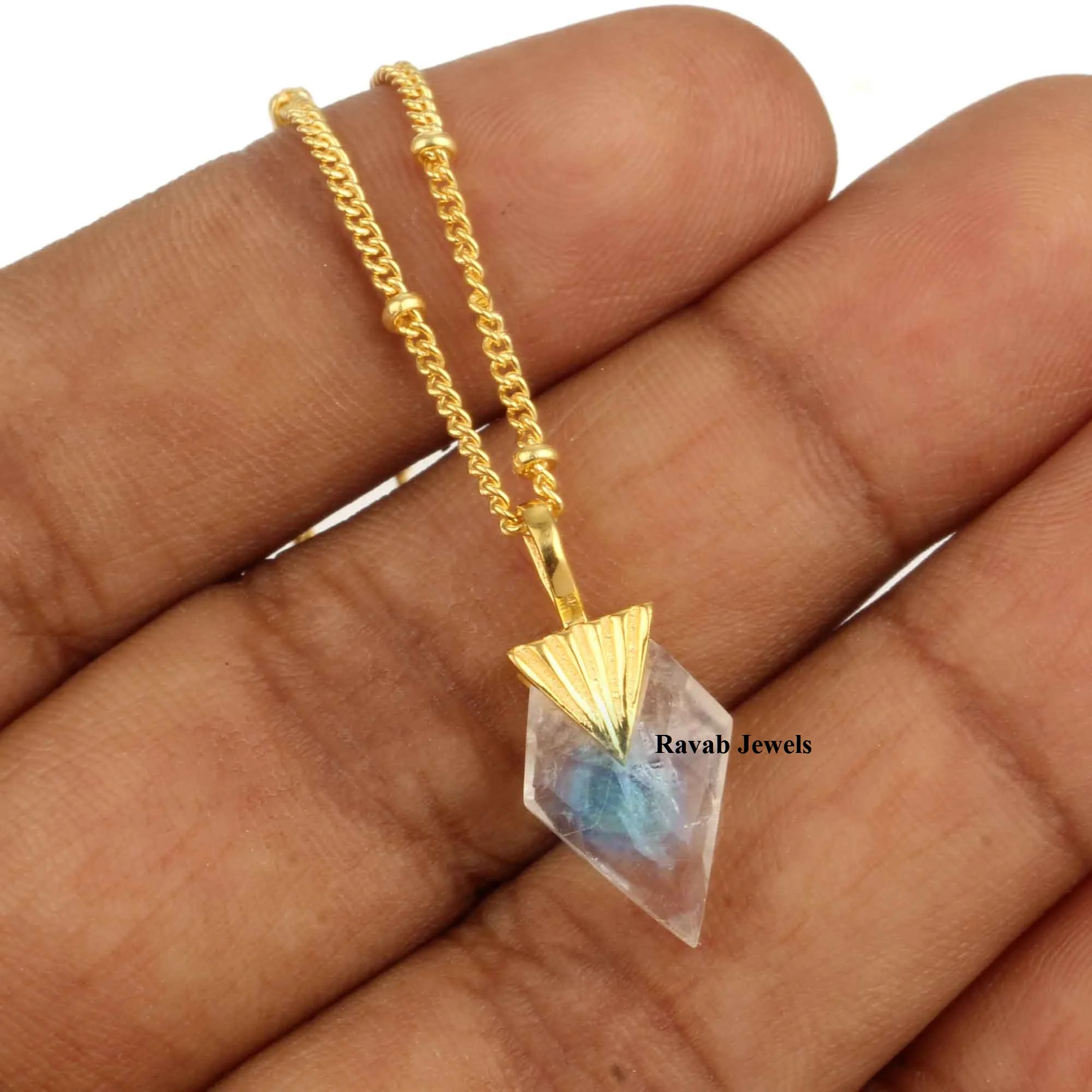 Best Quality Customized 925 Sterling Gold Plated Satellite Blue Flash Rainbow Moonstone Birthstones Fine Necklace Silver Jewelry